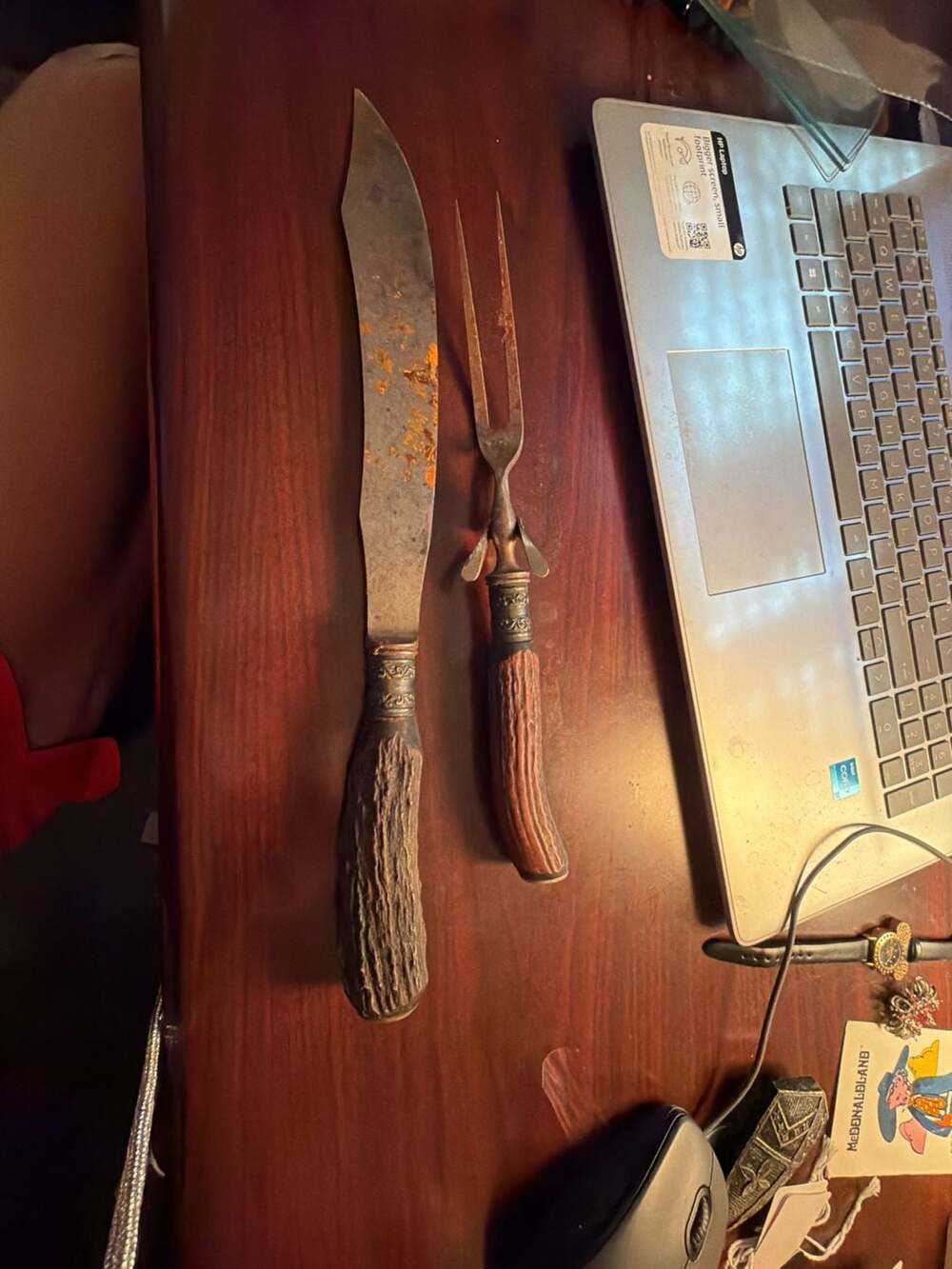 Vintage Antique Carving Set with Stag Antler Handles and Ornate Metal Ferrules